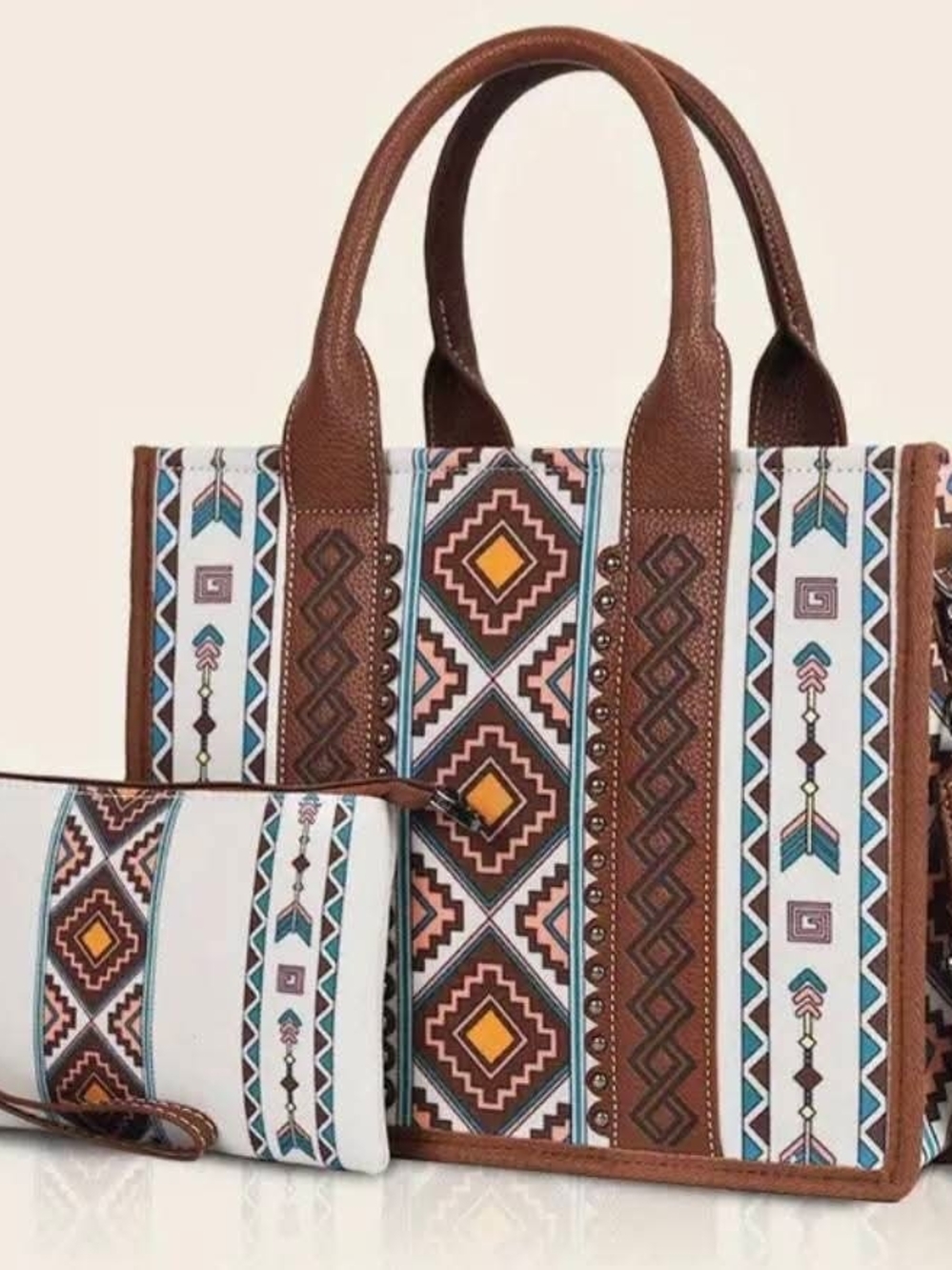 Aztec-Print Tote Bag with Brown Trim and Matching Pouch
